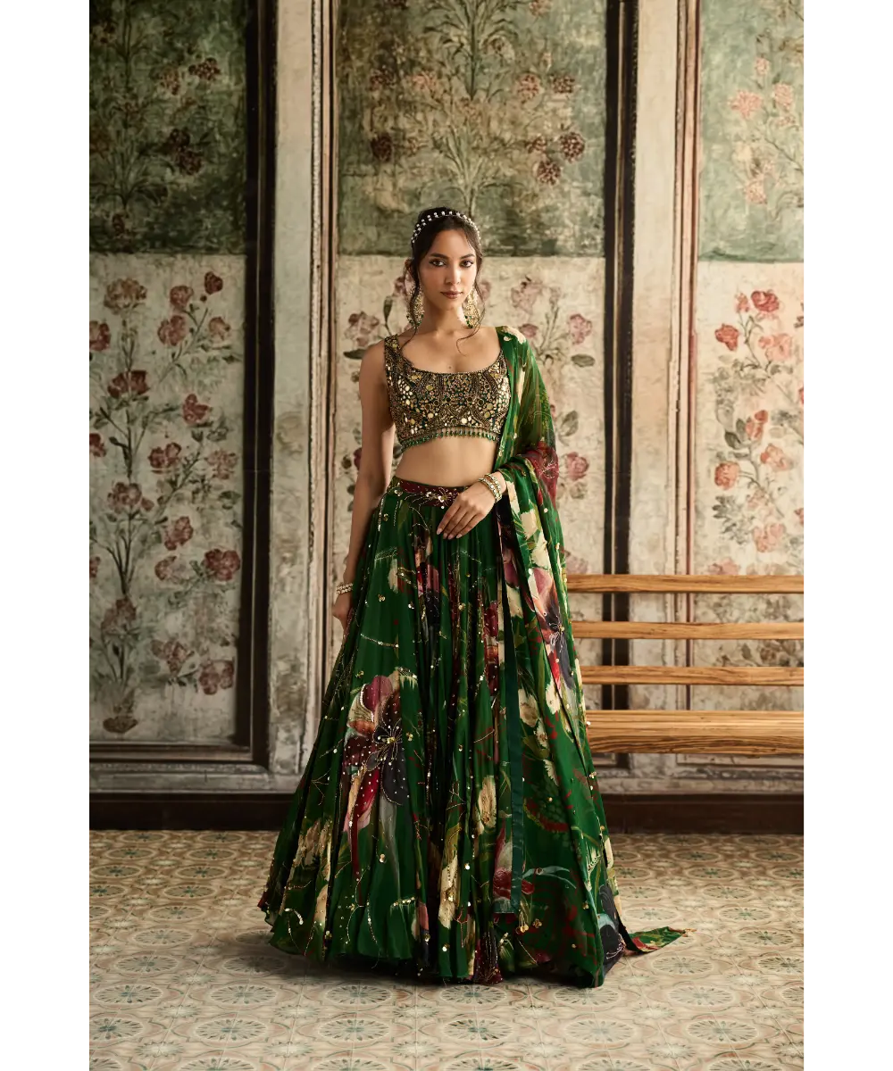 DIYARAJVVIR - Green Floral Print and Highlighted Lehenga Set